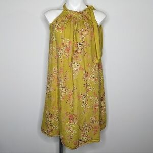 Bellambra yellow floral tie neck linen dress S